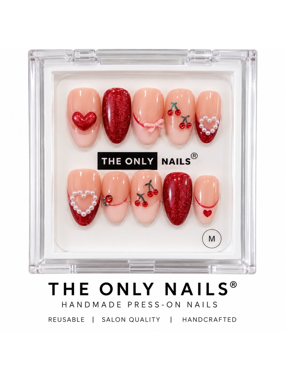 The Only Nails Handmade Glue or Press-On Nails Medium Cherry Heart Pearl 3D Set